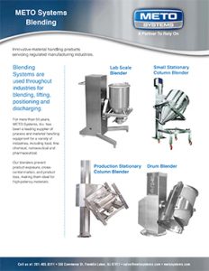 Blending-1 Blending Systems, lab scale blender, small stationary blender, production stationary column blender, drum blender, METO Systems, metolift